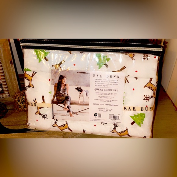NWT Rae Dunn Christmas Holiday Queen Sheet Set w/Reindeer & Green Tree - Picture 2 of 3